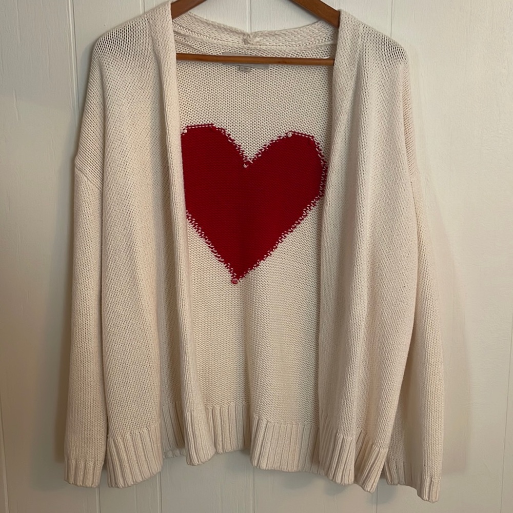LOFT- Large - Ivory Cardigan with Red heart on the back